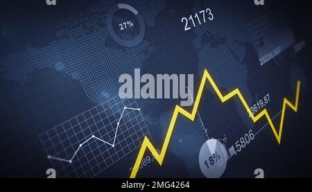 Gelbes Liniendiagramm und verschiedene Diagramme und Diagramme auf dem Hintergrund dynamischer Zahlen und eine Weltkarte aus Punkten. 3D-Rendern. Stockfoto