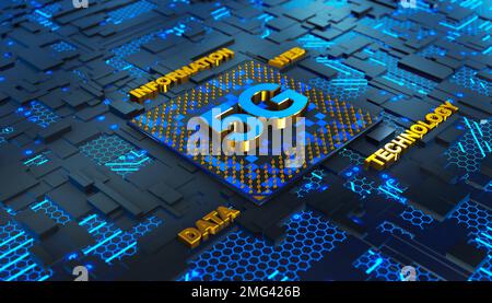Konzeptionelle Zusammensetzung eines Netzwerkprozessors mit 5G-Logo auf der Leiterplatte. 3D-Rendern. Stockfoto