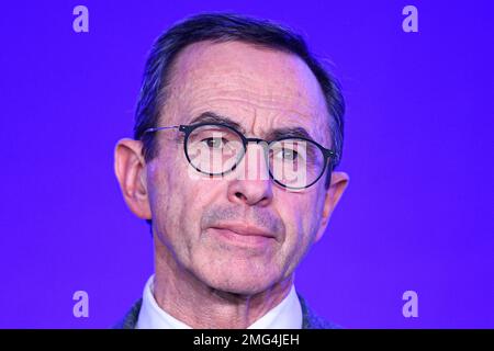 Paris, Frankreich. 24. Januar 2023. Bruno Retailleau bei der Vorstellung des neuen Führungsteams der französischen rechten Partei Les Republicains am 24. Januar 2023 in Paris, Frankreich. Kredit: Victor Joly/Alamy Live News Stockfoto