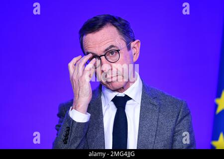 Paris, Frankreich. 24. Januar 2023. Bruno Retailleau bei der Vorstellung des neuen Führungsteams der französischen rechten Partei Les Republicains am 24. Januar 2023 in Paris, Frankreich. Kredit: Victor Joly/Alamy Live News Stockfoto