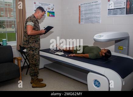 EIN US-AMERIKANISCHER Marine nimmt am 22. August 2022 an einer Bewertung der Körperzusammensetzung Teil, die mittels bioelektrischer Impedanzanalyse an der Grundschule auf der Basis des Marine Corps Quantico, Virginia, durchgeführt wurde. Das Marine Corps änderte kürzlich die Standards für die Körperzusammensetzung, als Ergebnis einer einjährigen Studie des US Army Research Institute of Environmental Medicine. Die Studie bewertete aktuelle Methoden zur Beurteilung der Körperzusammensetzung, um sicherzustellen, dass Servicestandards Gesundheit, Leistung und Fitness optimieren. Ab dem 1. Januar 2023 werden die Einheiten des Marine Corps eine genauere und unvoreingenommenere Methode zur Beurteilung der Körperzusammensetzung anwenden Stockfoto