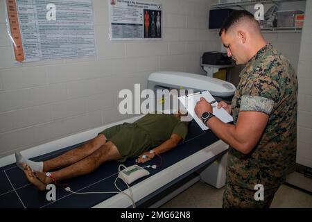 EIN US-AMERIKANISCHER Marine nimmt am 22. August 2022 an einer Bewertung der Körperzusammensetzung Teil, die mittels bioelektrischer Impedanzanalyse an der Grundschule auf der Basis des Marine Corps Quantico, Virginia, durchgeführt wurde. Das Marine Corps änderte kürzlich die Standards für die Körperzusammensetzung, als Ergebnis einer einjährigen Studie des US Army Research Institute of Environmental Medicine. Die Studie bewertete aktuelle Methoden zur Beurteilung der Körperzusammensetzung, um sicherzustellen, dass Servicestandards Gesundheit, Leistung und Fitness optimieren. Ab dem 1. Januar 2023 werden die Einheiten des Marine Corps eine genauere und unvoreingenommenere Methode zur Beurteilung der Körperzusammensetzung anwenden Stockfoto