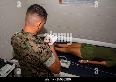 EIN US-AMERIKANISCHER Marine nimmt am 22. August 2022 an einer Bewertung der Körperzusammensetzung Teil, die mittels bioelektrischer Impedanzanalyse an der Grundschule auf der Basis des Marine Corps Quantico, Virginia, durchgeführt wurde. Das Marine Corps änderte kürzlich die Standards für die Körperzusammensetzung, als Ergebnis einer einjährigen Studie des US Army Research Institute of Environmental Medicine. Die Studie bewertete aktuelle Methoden zur Beurteilung der Körperzusammensetzung, um sicherzustellen, dass Servicestandards Gesundheit, Leistung und Fitness optimieren. Ab dem 1. Januar 2023 werden die Einheiten des Marine Corps eine genauere und unvoreingenommenere Methode zur Beurteilung der Körperzusammensetzung anwenden Stockfoto