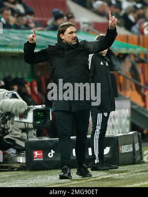 Augsburg, Deutschland. 25. Januar 2023. Moenchengladbachs Cheftrainer Daniel Farke Gesten während des deutschen Bundesliga-Fußballspiels in der 1. Division zwischen dem FC Augsburg und der Borussia Moenchengladbach in Augsburg am 25. Januar 2023. Kredit: Philippe Ruiz/Xinhua/Alamy Live News Stockfoto