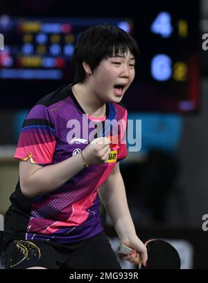 Doha, Katar. 25. Januar 2023. Kuai man of China reagiert auf dem WTT Feeder Doha 2023 in Doha, Katar, am 25. Januar 2023 während des Viertelfinals der Frauen-Singles gegen Doo Hoi Kem aus China in Hongkong. Kredit: Nikku/Xinhua/Alamy Live News Stockfoto