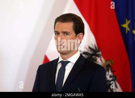 Austrian Chancellor Sebastian Kurz speaks during a press conference at the federal chancellery in Vienna, Austria, Tuesday, July 21, 2020. The Austrian government has moved to restrict freedom of movement for people, in an effort to slow the onset of the COVID-19 coronavirus. (AP Photo/Ronald Zak)