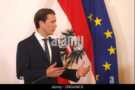 Austrian Chancellor Sebastian Kurz speaks during a press conference at the federal chancellery in Vienna, Austria, Tuesday, July 21, 2020. The Austrian government has moved to restrict freedom of movement for people, in an effort to slow the onset of the COVID-19 coronavirus. (AP Photo/Ronald Zak)