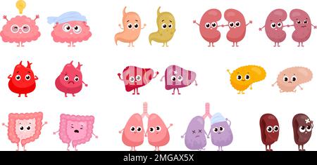Gesunde ungesunde Organe. Ganze und geschädigte menschliche innere Organe, traurige oder glückliche Gesicht Charaktere Anatomie Teile Magen Herz Darm Niere krank Leber Cartoon Vektor Illustration eines ungesunden menschlichen Organs Stock Vektor