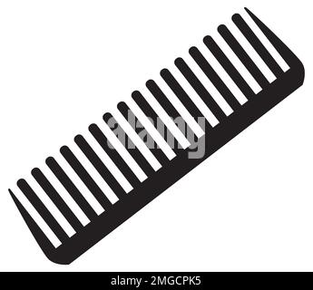 Kammsymbol auf weißem Hintergrund. Zeichen für breiten Zahnkamm. Schwarzes Symbol für Haarbürste. Flacher Stil. Stockfoto