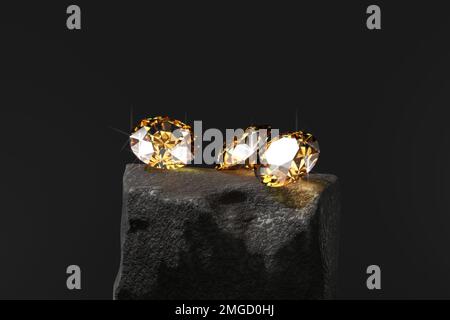 Runder Diamant-Topaz-Edelstein auf dunklem, reflektierendem Hintergrund, weicher Fokus, 3D-Rendering Stockfoto