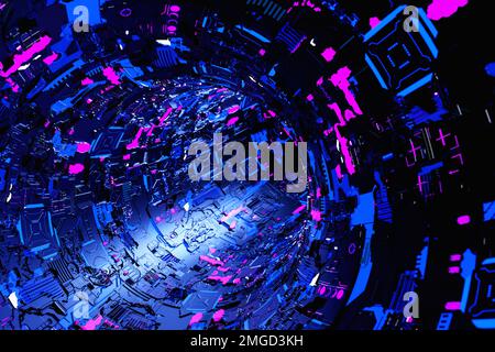 3D Abbildung: Abgerundeter Korridor mit bunten Metallwänden. Nahaufnahme eines Tunnels Stockfoto