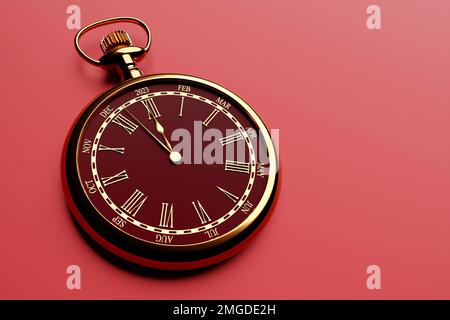 3D Darstellung des antiken schwarzen rund-Uhr-Uhrs mit Cutoffs 2023 und Kalendermonaten auf rot isoliertem Hintergrund. Stoppuhrsymbol, Logo. Chronometer, Stockfoto