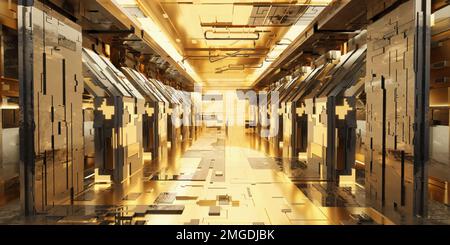 Futuristischer Sci-Fi-Korridorraum. Moderner, zukunftsweisender Hintergrundstil, Innenraumkonzept. 3D-Rendering Stockfoto