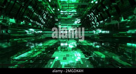 Futuristischer Sci-Fi-Korridorraum. Moderner, zukunftsweisender Hintergrundstil, Innenraumkonzept. 3D-Rendering Stockfoto