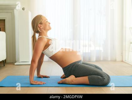 Yoga - körperliche und geistige Fitness während der Schwangerschaft. Eine schwangere Frau, die zu Hause Yoga auf einer Trainingsmatte macht. Stockfoto