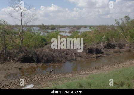 Flugzeuge - Sandsäcke - 26-HK-57-23. Überflutetes Sumpf- oder Bayou-Gebiet--Teil 050929. Hurrikan Katrina Stockfoto