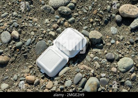 Fastfood-Schaum-Paketkiste wurde am Strand entsorgt Stockfoto