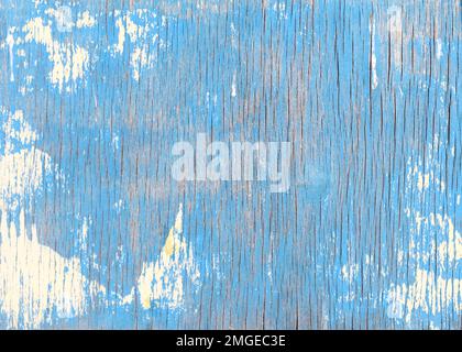 Altes Holz mit abblätterndem blauem Lackhintergrund. Verwitterte Holzwand mit vertikalen Rissen. Stockfoto