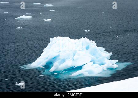 Eisberge, jeder ganz individuell, wie handgefertigte Eisskulpturen, schweben leise über das Meer der Antarktis. Stockfoto