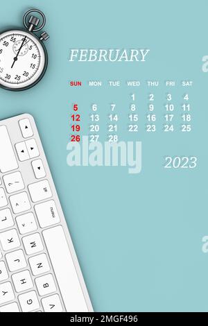 2023-Jahres-Kalender. Februar-Kalender mit Stoppuhr und Tastatur. 3D-Rendering Stockfoto