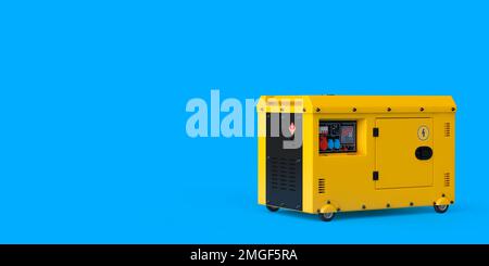 Big Yellow außerhalb des elektrischen Hilfsstromaggregats Dieseleinheit für den Notfall auf blauem Hintergrund. 3D-Rendering Stockfoto