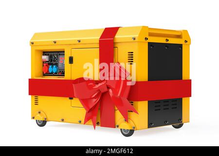 Big Yellow außerhalb des elektrischen Hilfstromaggregats Dieseleinheit für den Notfall mit rotem Geschenkband und Bogen auf weißem Hintergrund. 3D-Rendering Stockfoto