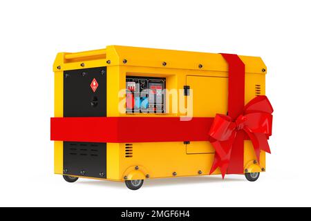 Big Yellow außerhalb des elektrischen Hilfstromaggregats Dieseleinheit für den Notfall mit rotem Geschenkband und Bogen auf weißem Hintergrund. 3D-Rendering Stockfoto