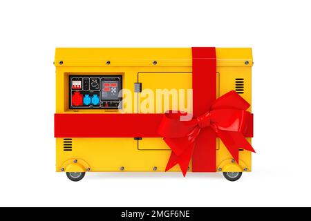 Big Yellow außerhalb des elektrischen Hilfstromaggregats Dieseleinheit für den Notfall mit rotem Geschenkband und Bogen auf weißem Hintergrund. 3D-Rendering Stockfoto