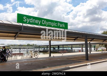 Sydney Olympic Park Anlegestelle für die öffentlichen Verkehrsmittel im Olympic Park Bezirk, Greater Western Sydney, NSW, Australien Stockfoto