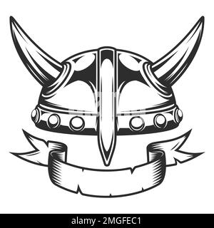 Wikinger-Emblem im Vintage-Stil mit ernsthaftem mittelalterlichem nordischen Krieger-Hornhelm und Band-isolierter Illustration Stockfoto