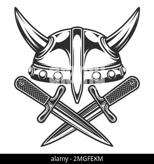 Vintage-Emblem mit mittelalterlichem nordischem Krieger wikingerhorn-Helm und Schlachtschmesser, isolierte Illustration Stockfoto