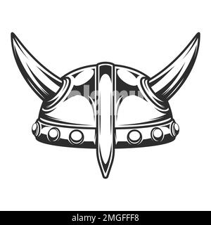 Wikinger-Emblem im Vintage-Stil mit ernsthaftem mittelalterlichem nordischen Krieger-Hornhelm, isolierte Illustration Stockfoto