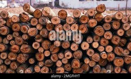 Wunderschönes Holz, das in einem Muster gehalten wird, was einen schönen Hintergrund schafft, Aufbewahrungsort für Holzstämme, Stapel von Holzstämmen. Natürlicher Holzhintergrund mit Holz. Holzwand Stockfoto