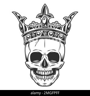 Schädel in Kronenkönig monochrome Darstellung isoliert auf weißem Hintergrund. Vintage-Krönung, elegante Königin- oder Königskrone, königliche kaiserliche Krönung Stockfoto