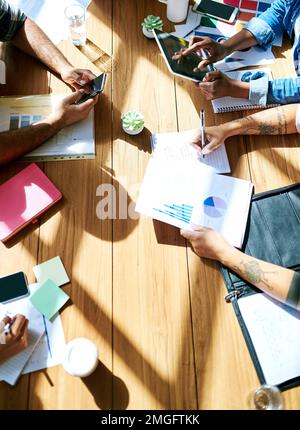 Mobiles Marketing ist das Kernstück ihres Geschäfts. Aufnahmen aus einem großen Winkel einer Gruppe von Designern, die Marketingrecherchen durchführen. Stockfoto