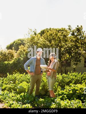 Landwirtschaft und Organisation gehen Hand in Hand. Zwei glückliche Junglandwirte, die auf den Feldern ihres Bauernhofs zusammenarbeiten. Stockfoto