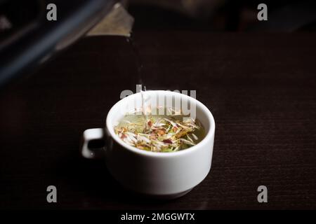 Kräutertee in einer Tasse. Brauen eines Getränks aus verschiedenen Kräutern in einer weißen Tasse auf dunklem Grund. Stockfoto