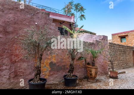 Blick auf die Altstadt von Rhodos, Griechenland. Töpfe mit Blumen stehen auf gepflastertem Bürgersteig entlang einer Steinwand. Hochwertiges Foto Stockfoto