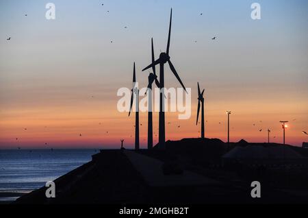 Silhouette von Windmühlen am Deich Carnot, in Le Portel (Nordfrankreich) und Sonnenlicht Stockfoto