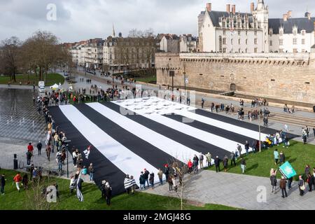 Nantes (Nordwestfrankreich), am 20. Februar 2022: Der größte Gwenn ha du (bretonische Flagge) der Welt, der von einem Verband, der es wünscht, in Nantes eingesetzt wird Stockfoto