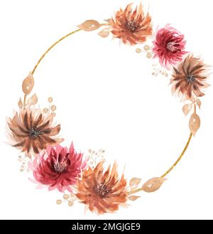 Aquarell rote Blumen und goldener Kranz Clip Art, Korallenblumen Valentinskarte, zarte Pfingstrosen Blume, Liebesfeier, Muttertag Illustr Stockfoto