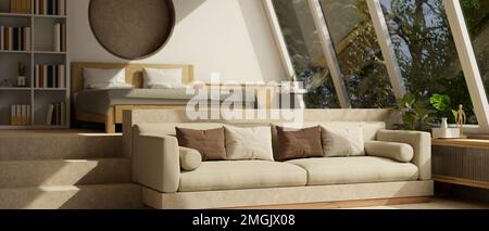 Zeitgenössisches gemütliches, geräumiges Schlafzimmer-Interieur mit Bett, gemütlicher Couch, Bücherregal, Wohndekor und herrlichem großen Fenster mit wunderschönem Tageslicht. 3D r Stockfoto