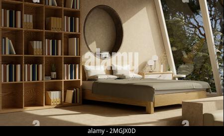 Seitenblick auf moderne, zeitgenössische Innenausstattung des Schlafzimmers mit gemütlichem Bett, großen Bücherregalen, Nachttisch mit Dekor und großem Fenster. 3D Render, 3D il Stockfoto