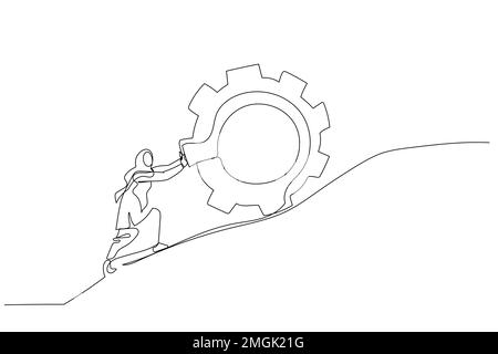 Cartoon einer muslimischen Geschäftsfrau, die Ausrüstung zur obersten Metapher von Beharrlichkeit und harter Arbeit drängt Stock Vektor