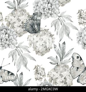 Aquarell Blume nahtlose Muster mit Schmetterlingen. Bleistift Grafiken. Stockfoto