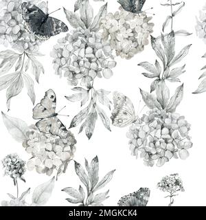 Aquarell Blume nahtlose Muster mit Schmetterlingen. Bleistift Grafiken. Stockfoto