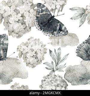 Aquarell Blume nahtlose Muster mit Schmetterlingen. Bleistift Grafiken. Stockfoto