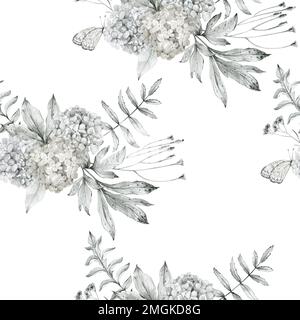 Aquarell Blume nahtlose Muster mit Schmetterlingen. Bleistift Grafiken. Stockfoto