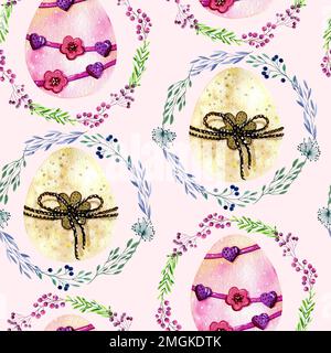 Wasserfarbenes nahtloses ostermuster mit bunten Eiern. Stockfoto