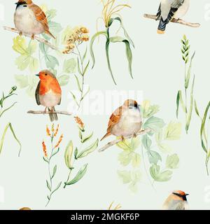 Aquarell nahtlose Muster mit Vögeln und Blätter. Stockfoto